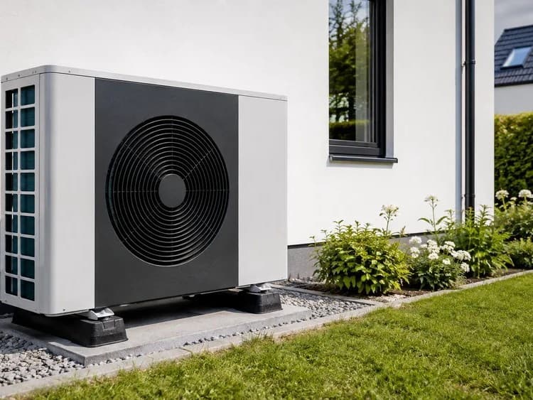 Buitenunit van een warmtepomp tegen de gevel van een woning